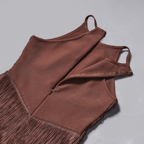 🤎 STUNNING Chocolate Brown Fringe Halter Gown - Picture 6 of 8